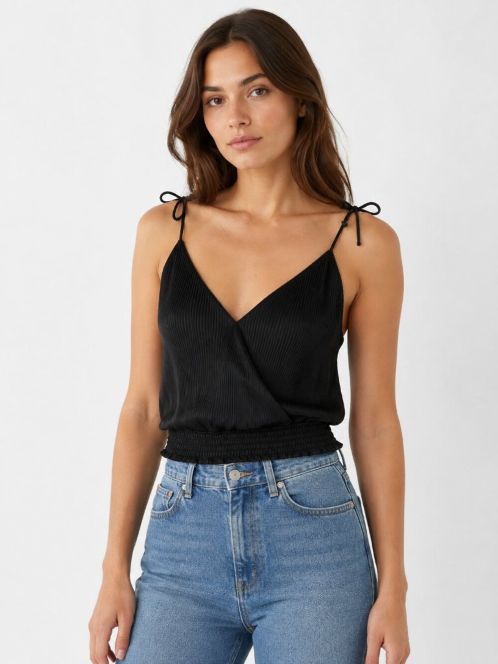 ASTR The Label Black Pleated Tie Strap Camisole Crop Top XS